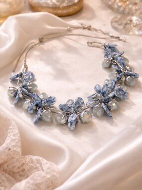 Blue Floral Cluster Statement Bib Necklace